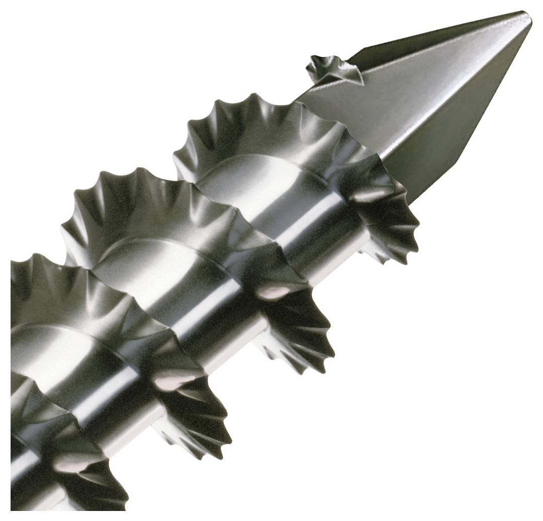 Nahaufnahme eines Metallschaftfräsers mit spiralförmigen Nuten und einer spitzen Spitze auf weißem Hintergrund.