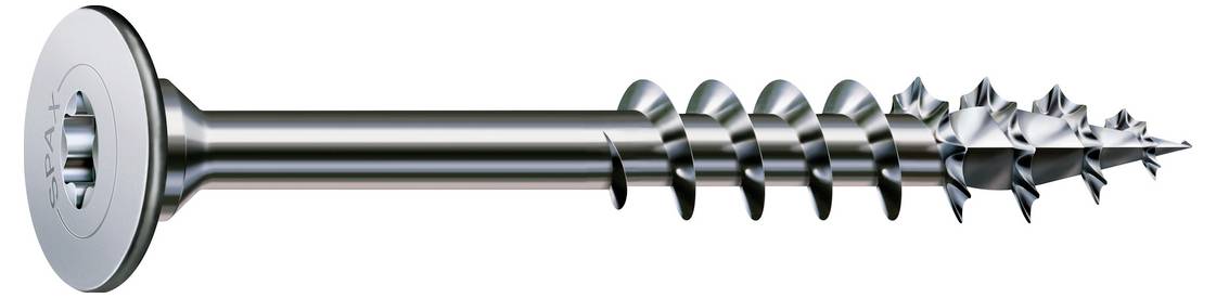Metallschraubenanker mit breitem Unterlegscheibenkopf und groben Gewinden, in Seitenansicht auf weißem Hintergrund.