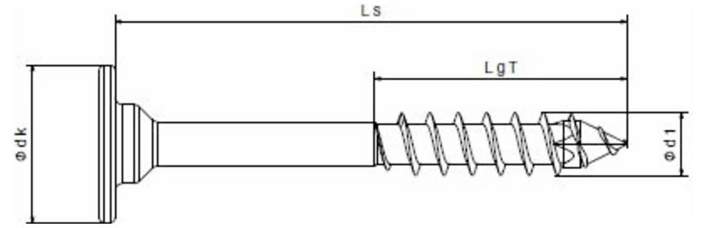 Technische Zeichnung einer Schraubenbefestigung mit Kopf, gewindelter Welle und spitzer Spitze, beschriftet mit den Abmessungen Ls, LgT, ØdK und ØpD.
