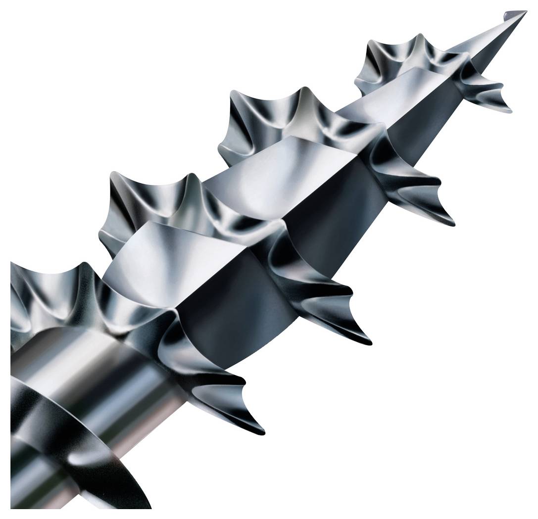 Nahaufnahme eines glänzenden Metallbohrers mit spiralförmigen Nuten und scharfen Schneidkanten auf weißem Hintergrund.