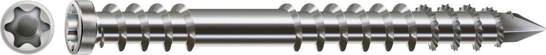 Eine silberne Schraube mit Torx-Kopf, groben Gewinden und spitzer Spitze, horizontal auf weißem Hintergrund dargestellt.