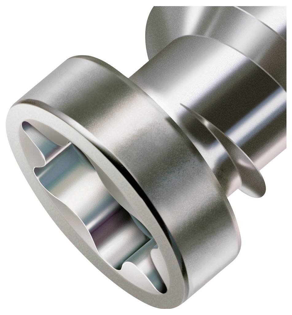 Nahaufnahme einer glänzenden metallischen mechanischen Kupplung oder eines Steckers mit einem kreisförmigen Flansch und ineinandergreifenden Rillen auf weißem Hintergrund.