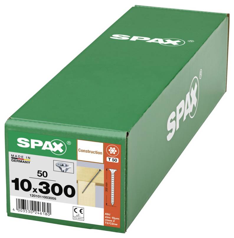 SPAX Konstruktionsschraube Karton mit Aufschrift „8x120" mit 50 Schrauben, T40 Antrieb, Made in Germany, mit Abbildung einer Schraube und Holzverbindung.