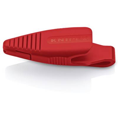 Rote KNIPEX Kunststoffschutzkappe für einen Werkzeuggriff, dargestellt in Seitenansicht auf weißem Hintergrund.