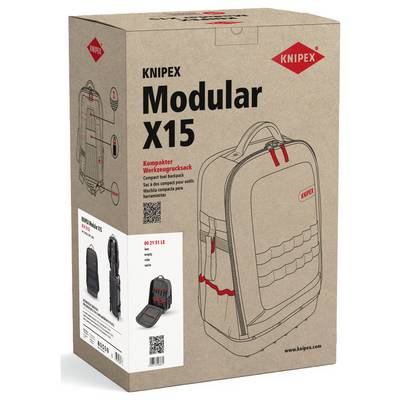 KNIPEX Modular X15 kompakte Werkzeugrucksack-Box Verpackung, auf der der Produktname und ein illustrierter Rucksack auf einem braunen Karton zu sehen sind.