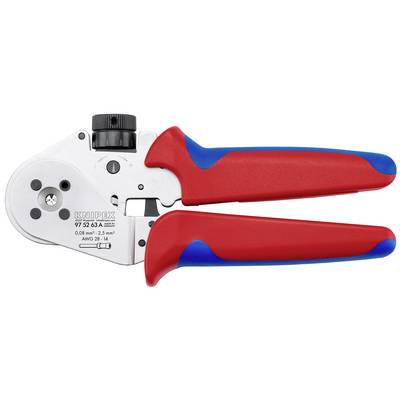 Ein rot-und-blau isoliertes Kabelkrimpaggregat mit schwarzem Einstellknopf und Metallbacken, dargestellt vor weißem Hintergrund.