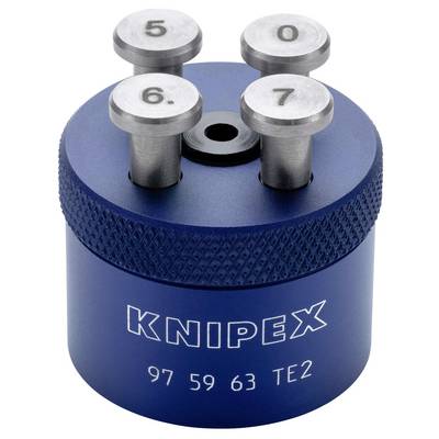 Blaues KNIPEX-Werkzeug mit vier nummerierten Stiften (5, 6, 0, 7) oben, wahrscheinlich ein spezialisierter Schraubenschlüssel oder Einstellaufsatz.