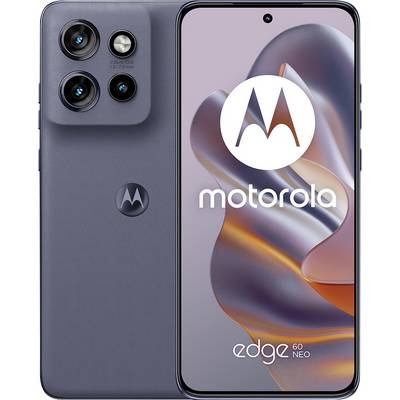 Motorola Edge 60 Neo Smartphone von vorne und hinten gezeigt, mit dreifacher Rückkamera und dem Motorola-Logo auf dem Display.