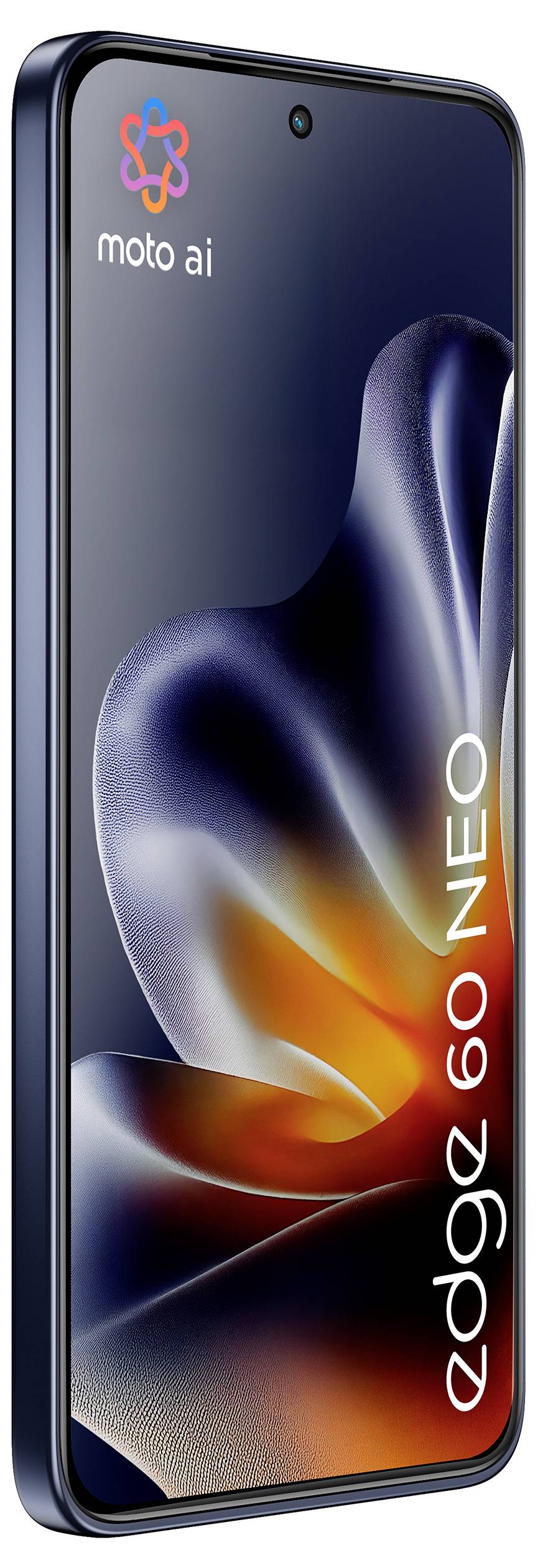 Motorola Edge 60 Neo Smartphone frontal dargestellt mit dunklem abstraktem Hintergrundbild und dem „moto ai" Logo auf dem Display.