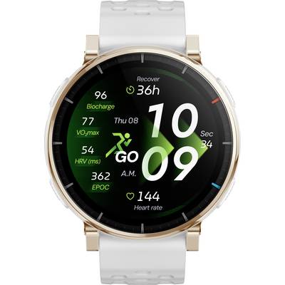 Smartwatch-Anzeige, die die Uhrzeit 10:09 Uhr morgens anzeigt, mit Fitnesstatistiken: Körperakku 96, VO2max 77, HRV 54 ms, EPOC 362, Herzfrequenz 144 und Erholung 36h.