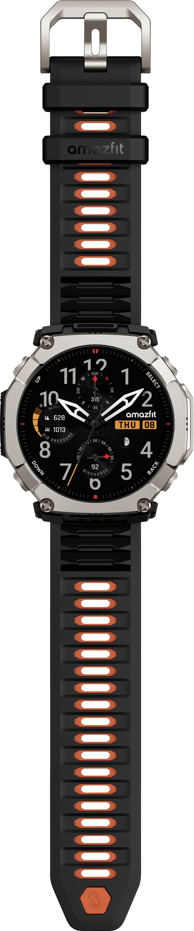 Schwarze Garmin-Sportwatch mit analogem Hybrid-Zifferblatt und schwarzem Silikonarmband mit orangefarbenen Akzenten und belüfteten Segmenten.