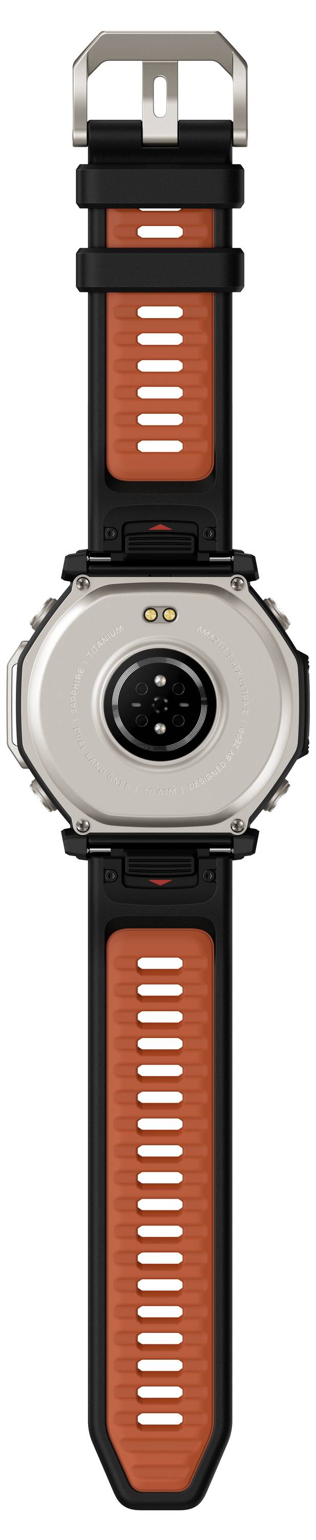 Vorderansicht einer robusten Smartwatch mit rundem silbernem Zifferblatt, schwarzem Rahmen und orangefarbenen Riemenakzenten.