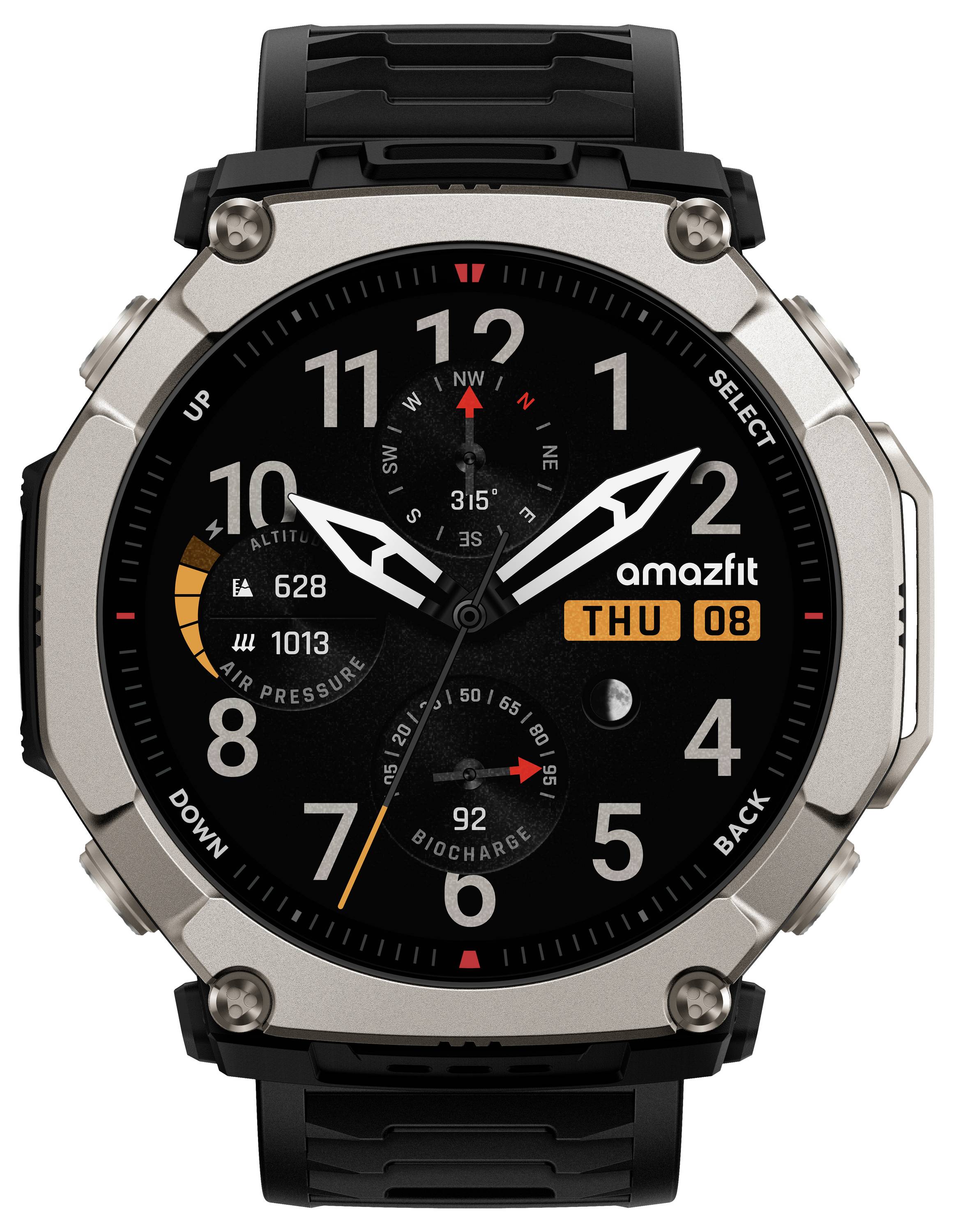 Eine schwarze Amazfit-Digitaluhr mit rundem analogem Zifferblatt, das 10:10 anzeigt, Datum Do 08 und kleine Höhen-, Druck-, Kompass- und Batterieinformationen.