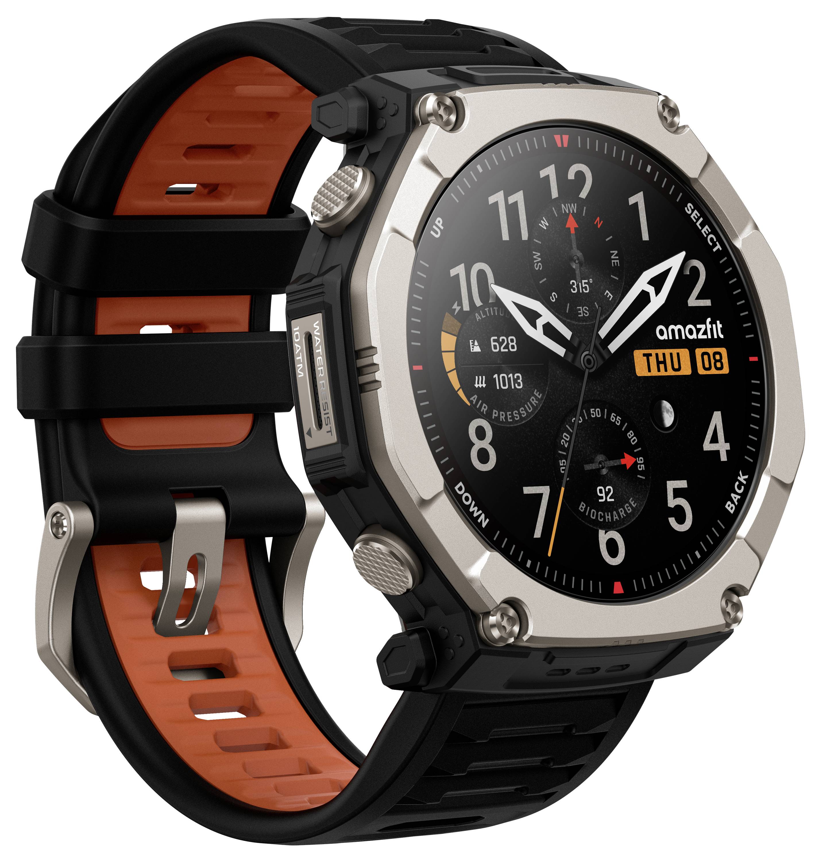 Eine schwarze Amazfit-Smartwatch mit silberner achteckiger Lünette und orangefarbenem Armband, die ein analoges Ziffernblatt mit Digital-Display für Wochentag und Datum zeigt.