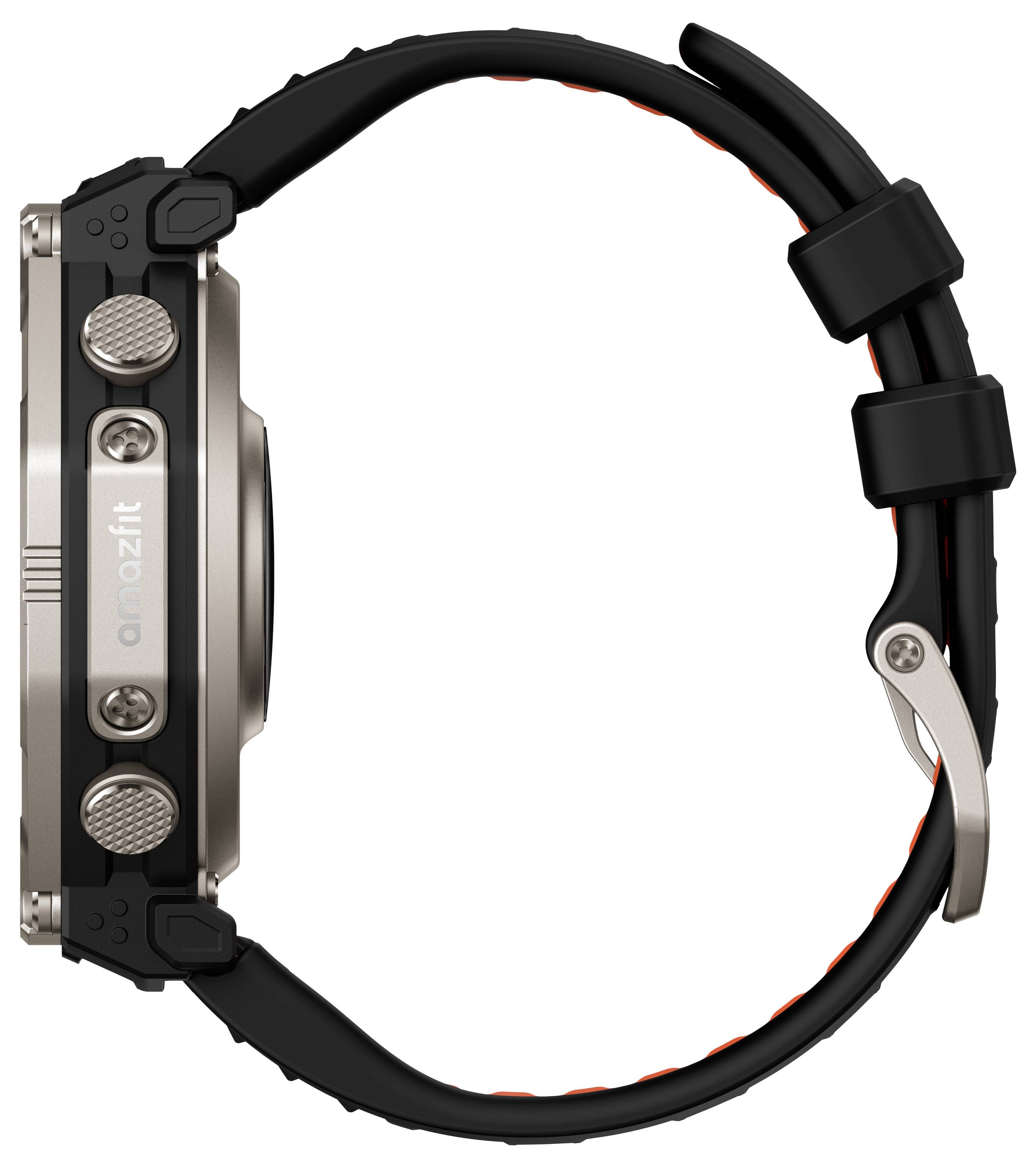 Seitenansicht einer robusten Smartwatch mit schwarzem Armband und Metallgehäuse, die das Uhrenprofil und die Seitentasten zeigt.