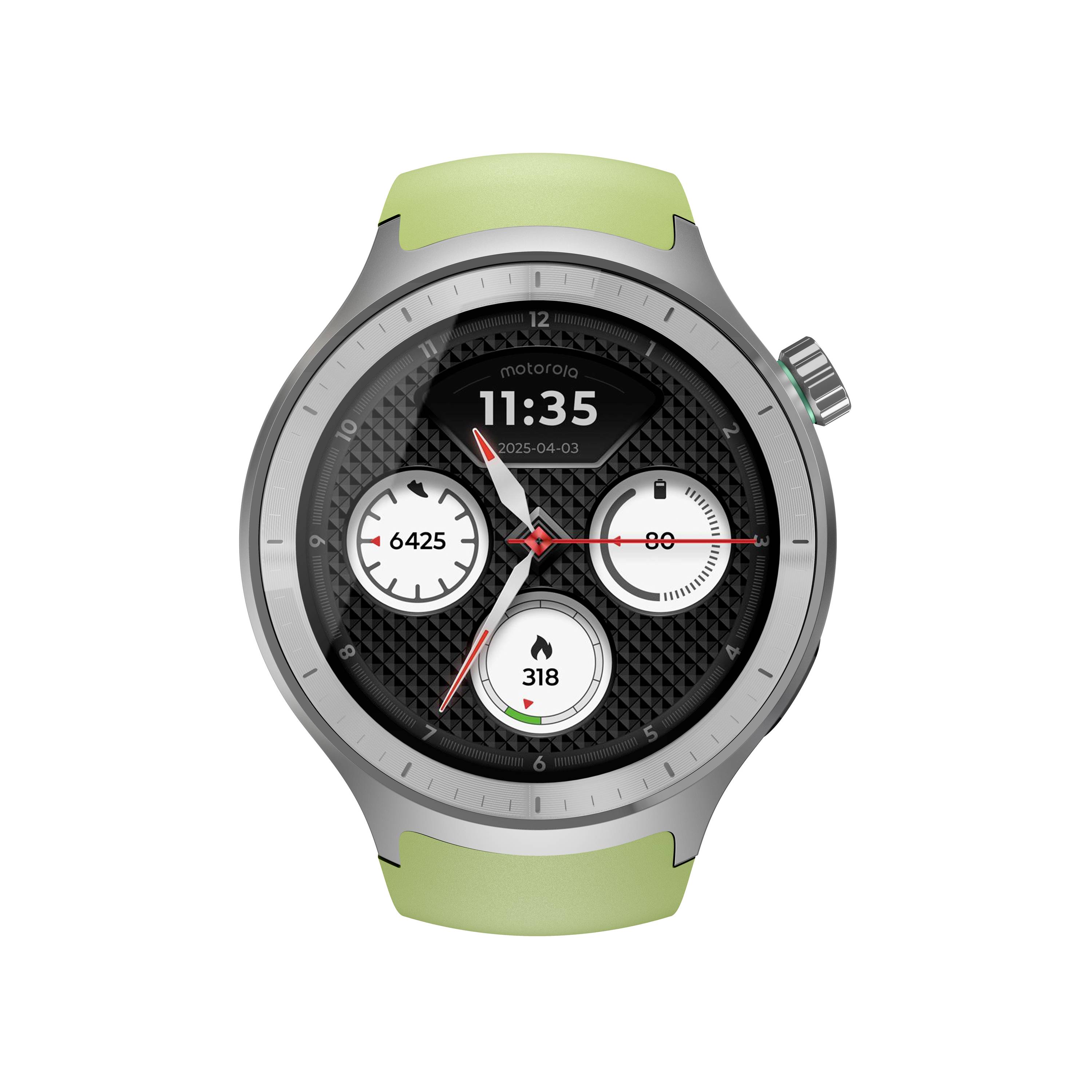 Runde Smartwatch mit limettegrünem Band, das ein analoges und digitales Zifferblatt mit der Uhrzeit 11:35, dem Datum 2025-04-03 und drei kleinen Datenzifferblättern anzeigt.