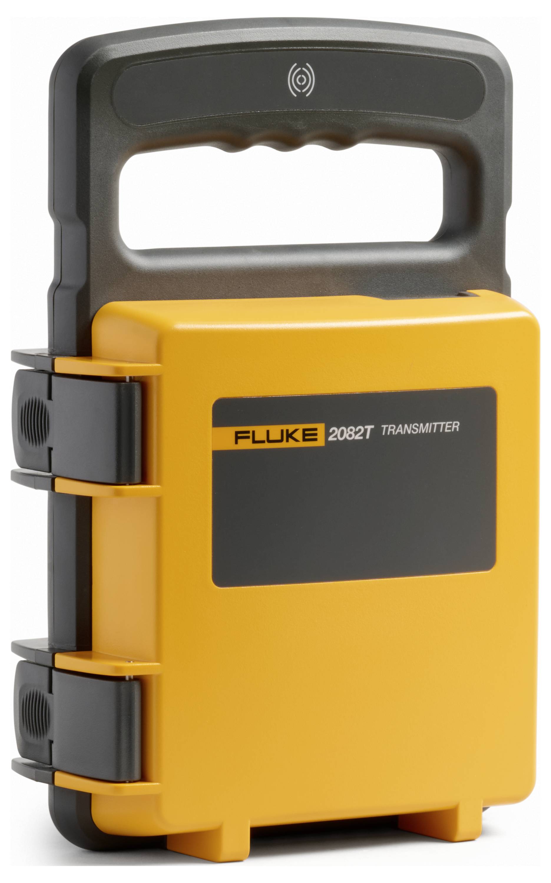 Gelber Fluke 2082T Transmitter mit schwarzem Griff und Seitenklemmen, dargestellt als tragbares industrielles Messinstrument auf weißem Hintergrund.