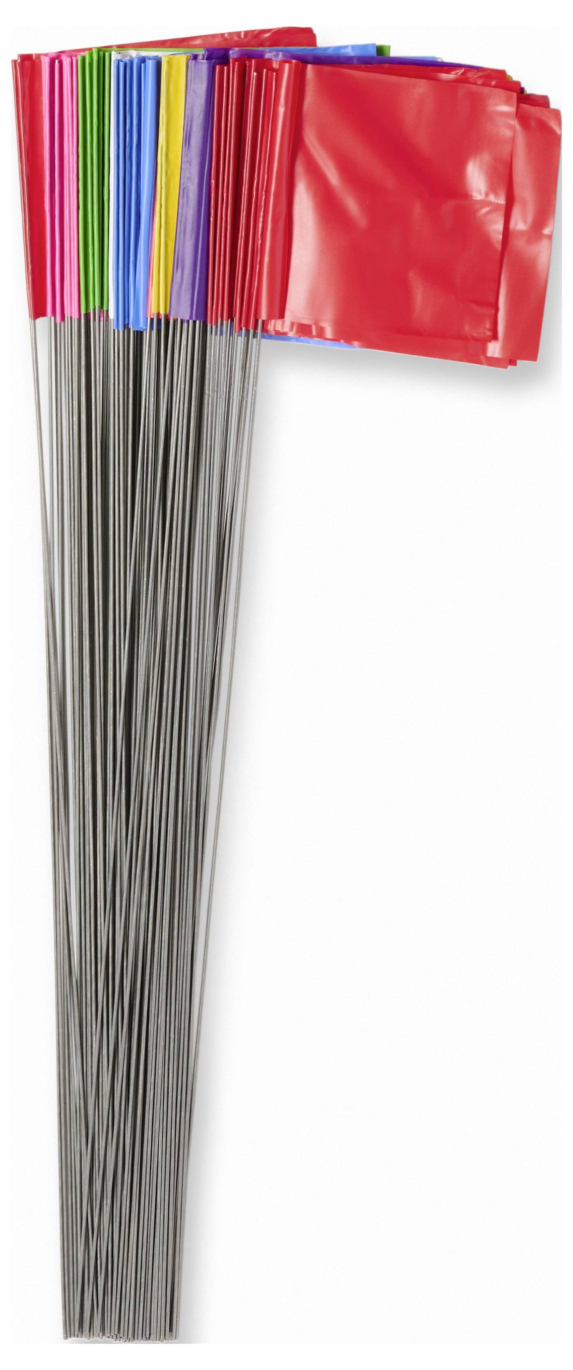 Bündel dünner grauer Drähte oder Stäbe mit mehrfarbig isolierten Enden, oben mit einer roten Abdeckung oder Tasche versehen, auf weißem Hintergrund isoliert.