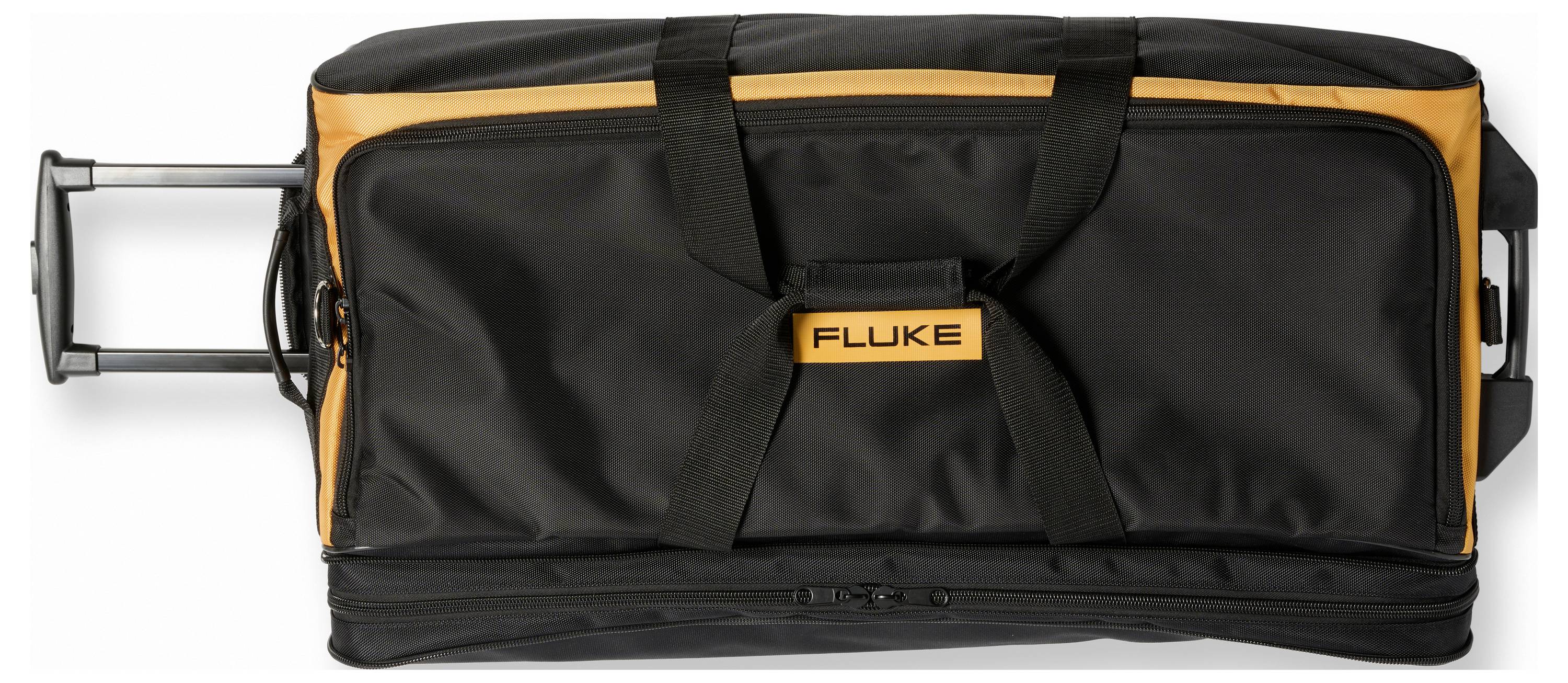 Schwarze und orangefarbene Fluke-Werkzeugtasche mit einem Metallgriff, der von der linken Seite herausgezogen ist.