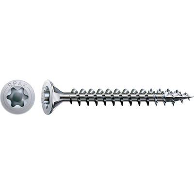 Eine silberne SPAX-Schraube mit Stern-Antriebskopf, daneben eine Nahaufnahme des Schraubenkopflogos.