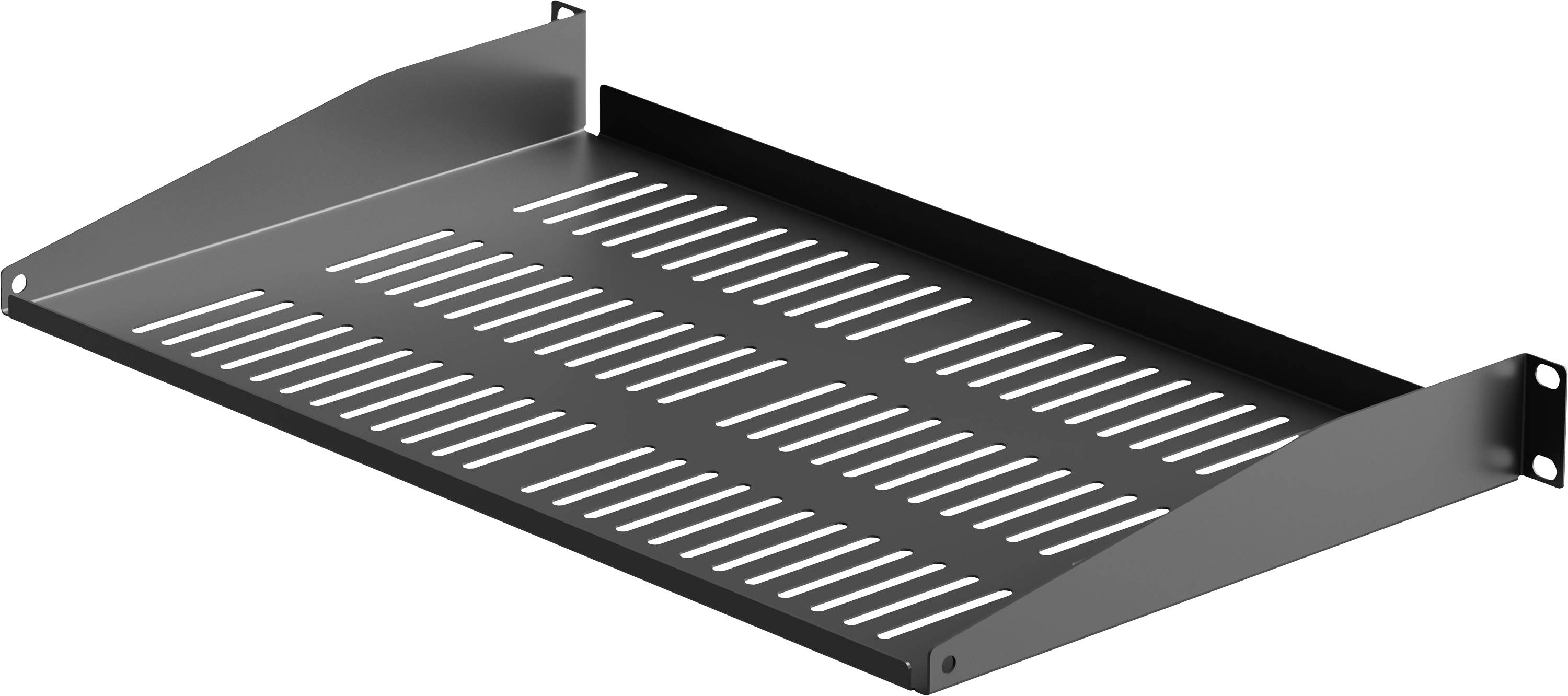 Schwarzes Metallregal mit Belüftung für Schränke, Tablett mit Befestigungsöhren und geschlitzter Oberfläche für Gerätelüftung.