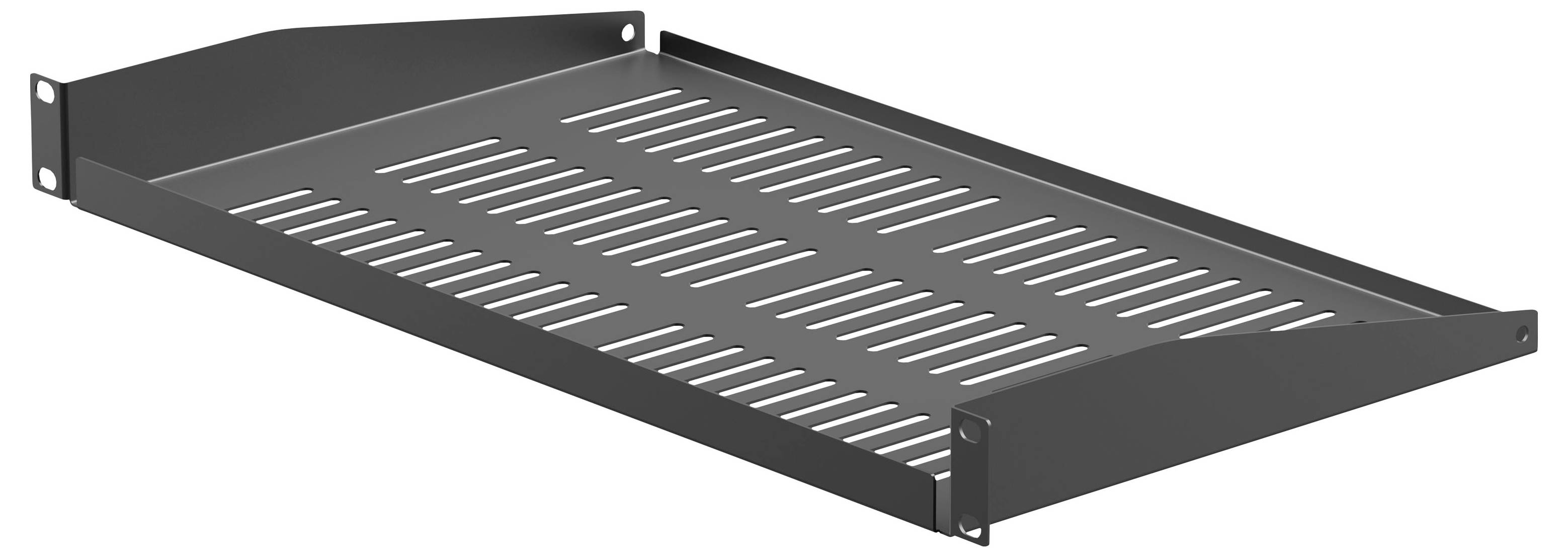 Schwarzes, belüftetes Server-Rack-Regalbrett mit seitlichen Montageklammern, dargestellt in Perspektive auf weißem Hintergrund.