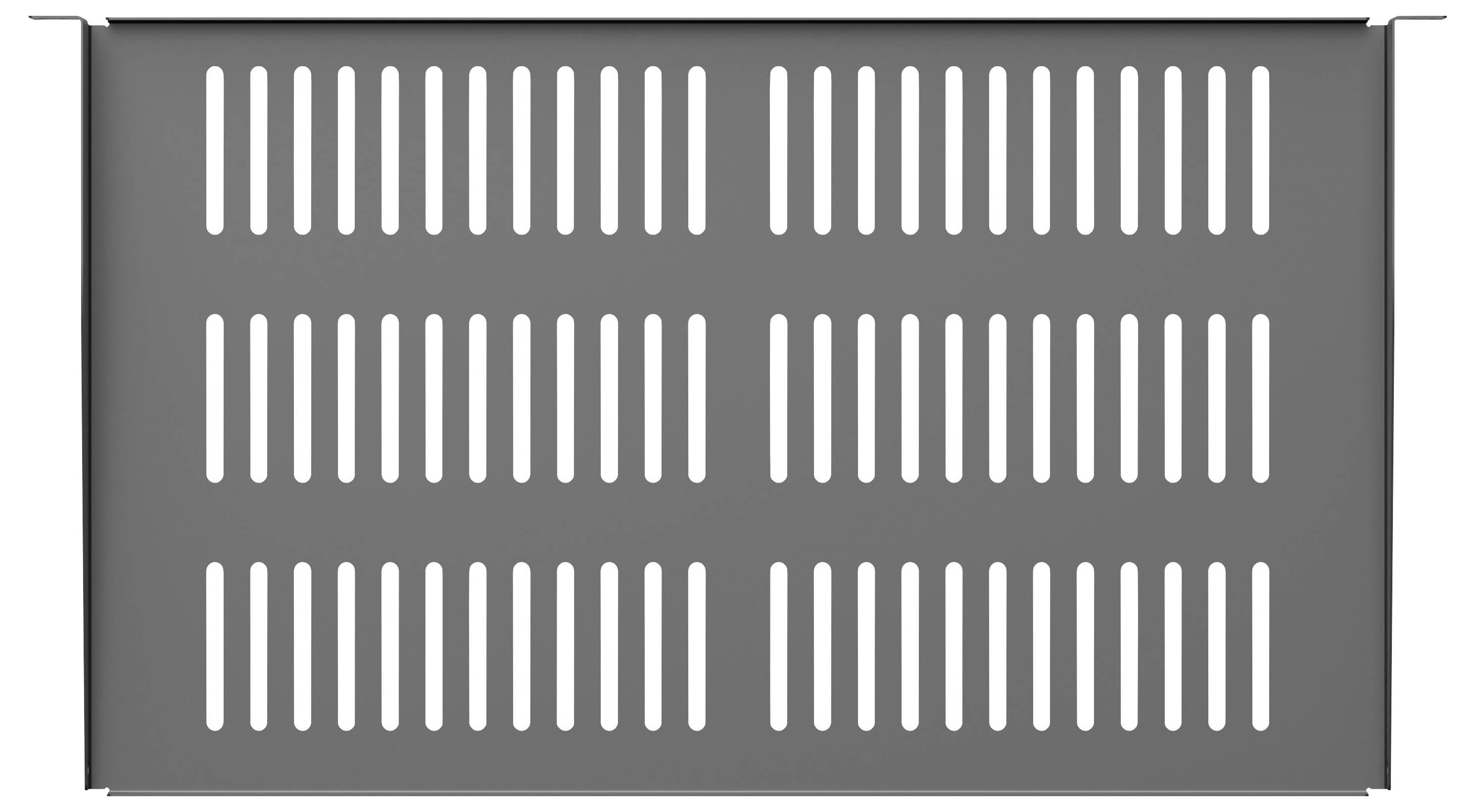 Graues rechteckiges Metallbelüftungspanel mit Reihen von gleichmäßig verteilten vertikalen Schlitzen und seitlichen Befestigungslaschen.