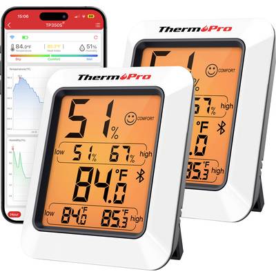 ThermoPro digitales Thermometer und Hygrometer mit Anzeige von Temperatur, Luftfeuchtigkeit, Komfortstufe und App-Diagrammen auf einem Smartphone-Bildschirm.