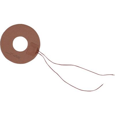 Eine große rötlich-braune Spule oder Rolle mit zwei dünnen Drähten, die sich nach rechts auf weißem Hintergrund erstrecken.
