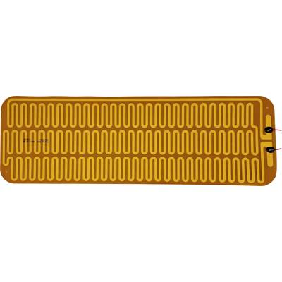 Draufsicht auf ein flexibles orangefarbenes schlangenförmiges Heizelement oder eine Schaltungsspur mit zwei Anschlüssen auf der rechten Seite.
