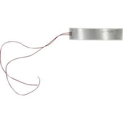 Flexibles Wärmekissen mit zwei roten Drähten, die an einem silbernen rechteckigen Element vor weißem Hintergrund befestigt sind.