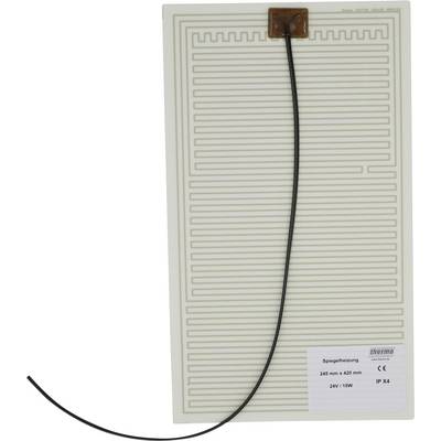 Foto einer rechteckigen Heizmatte mit einer aufgerollten schwarzen Stromleitung und einem Etikett mit der Aufschrift "Spiegelheizung", "245 mm x 420 mm", "24V / 15W", "IP X4".
