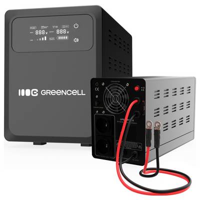 Black Greencell UPS-Notstromversorgungsgerät mit digitalem Front-Display, Strom- und Stummschalt-Symbolen sowie Batterie-/Lastkennzahlen.