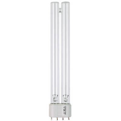 Kompakte Leuchtstofflampe mit vier vertikalen Röhren und weißem Sockel, vor einem einfachen Hintergrund dargestellt.