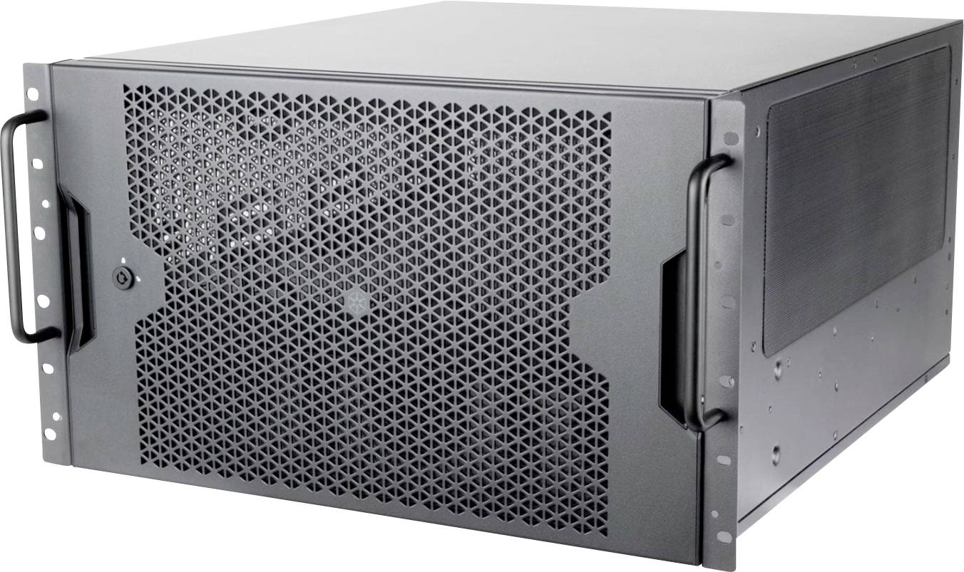 Schwarzes Rackmount-Gehäuse mit perforierter Front und seitlichen Griffen, vermutlich ein Server- oder Computergehäuse.