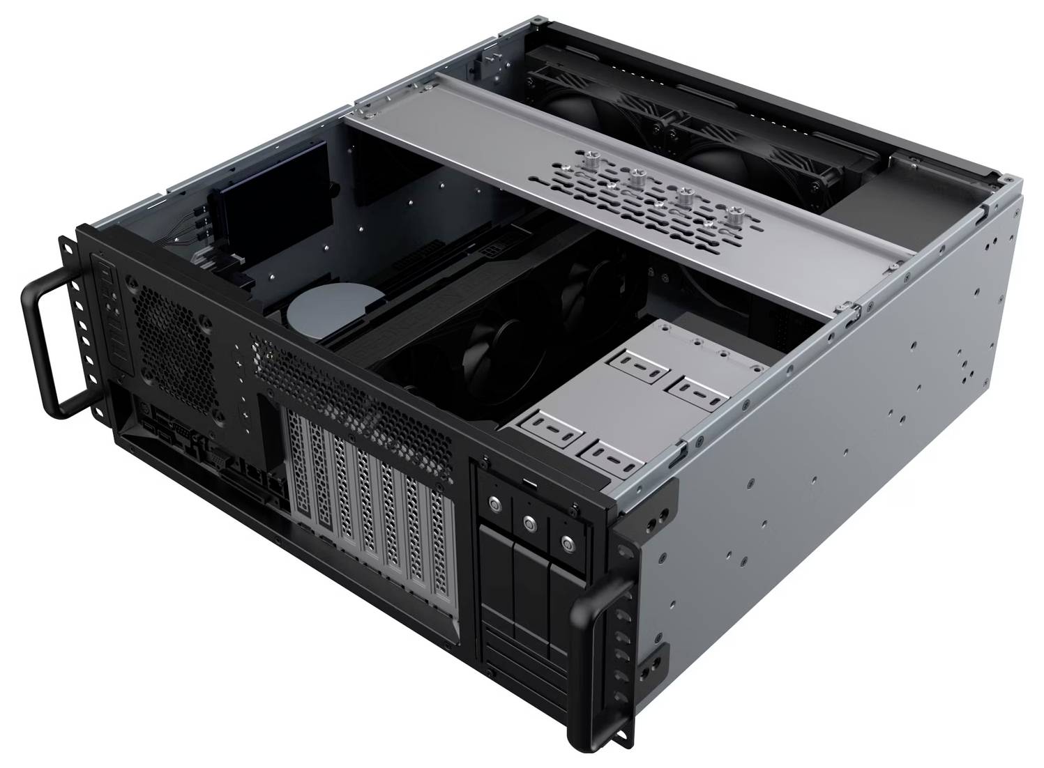 Leeres schwarzes 19-Zoll-Rackmount-Gehäuse für Server oder PC, mit Tragegriffen, Lüftern und Einschüben für Komponenten.