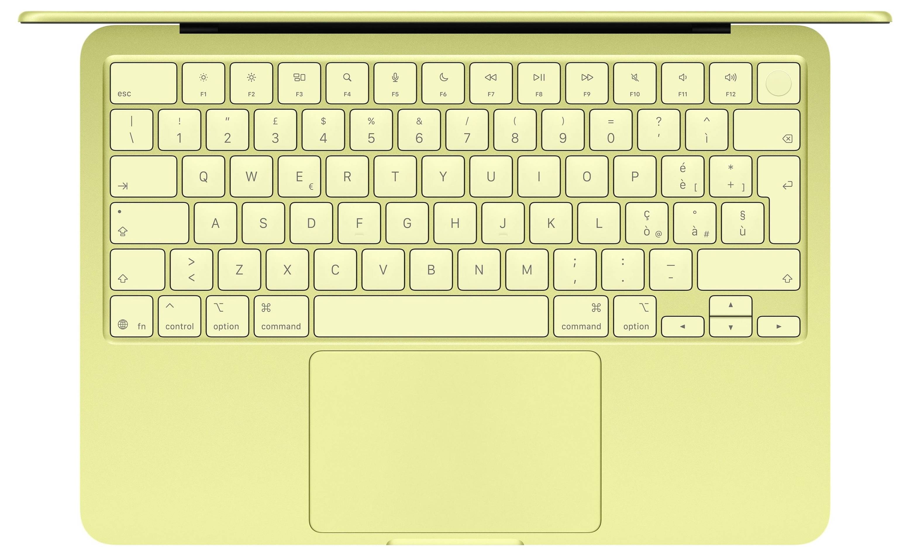 Draufsicht auf ein hellgelbes Laptop-Keyboard mit großem Touchpad.