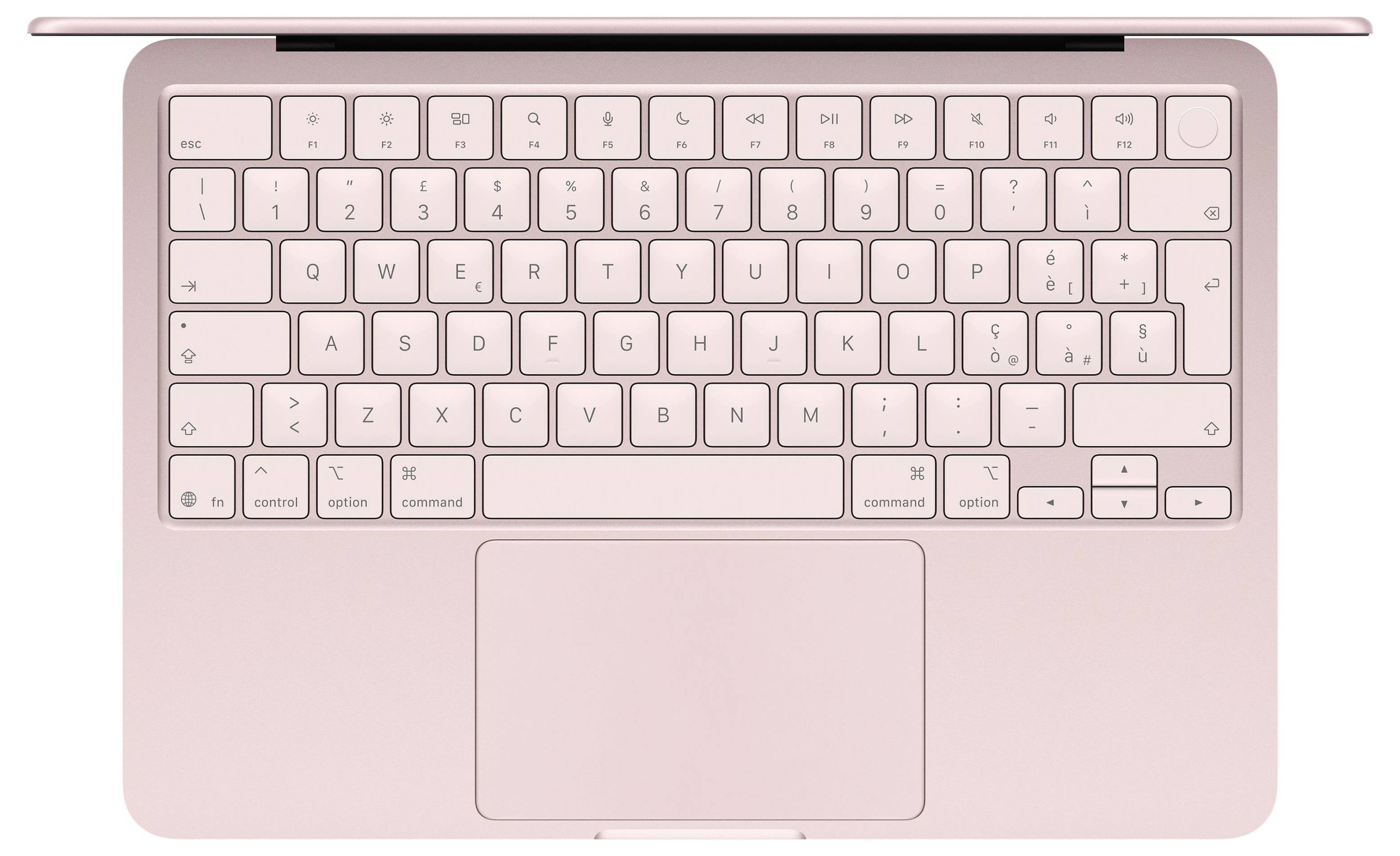 Draufsicht auf ein rosafarbenes Laptop-Keyboard mit großem Trackpad, ohne Bildschirm sichtbar.<br>
