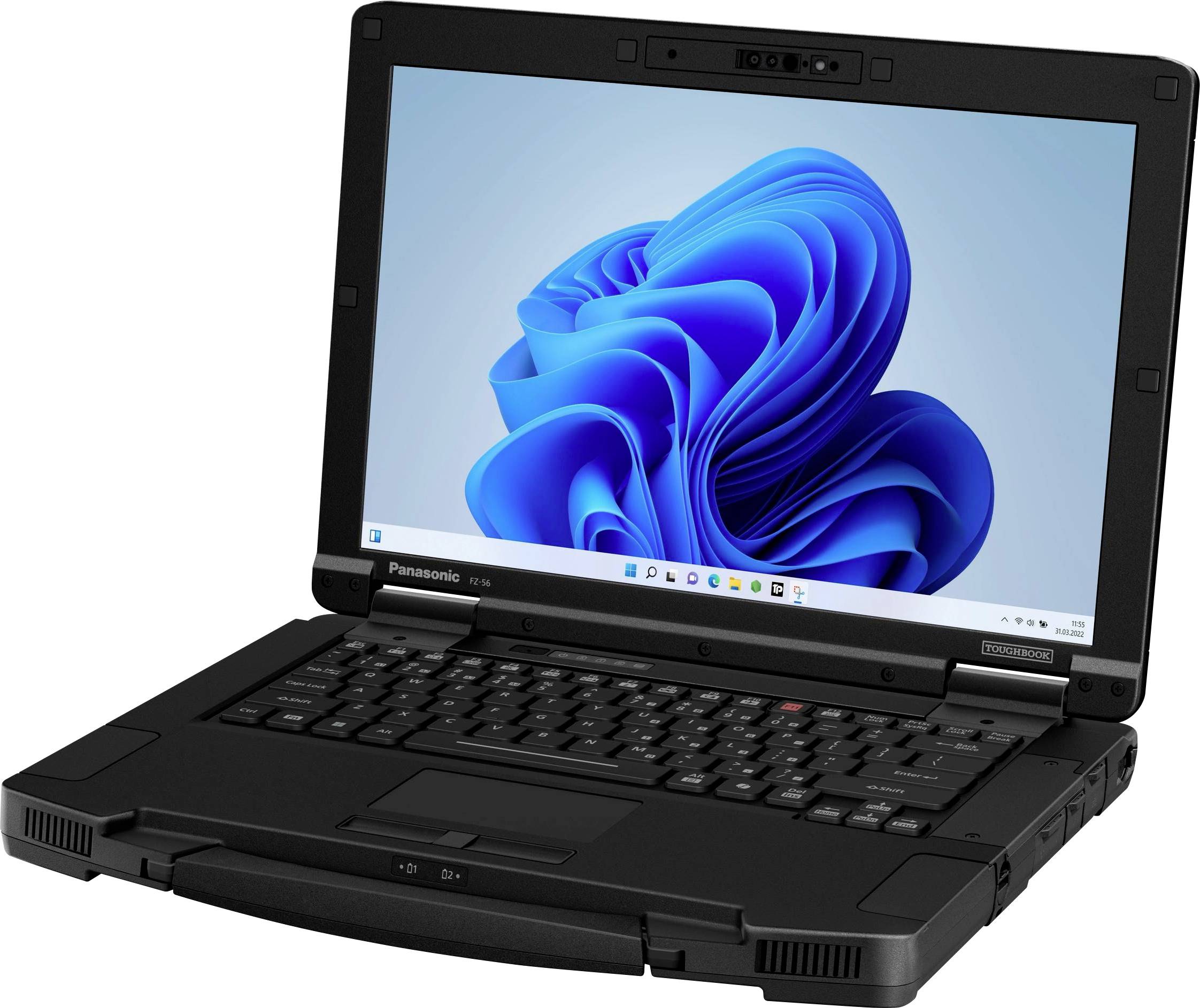 Robuster schwarzer Panasonic-Laptop mit geöffnetem Bildschirm; auf dem Display ist der blaue Windows-11-Standardhintergrund zu sehen.