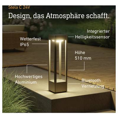 Außenleuchte Angebot für 'Stela C 24V' mit einer 510 mm Aluminium-Leuchte, IP65-Wetterschutz mit integriertem Helligkeitssensor und Bluetooth-Vernetzung.