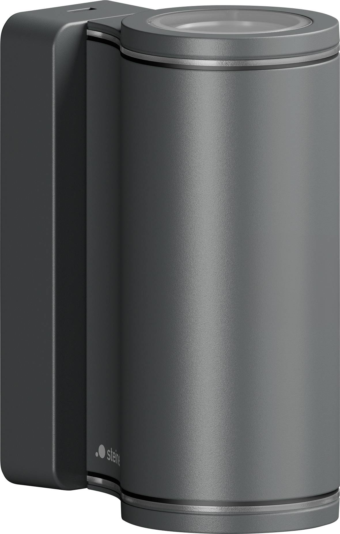 3D-Rendering eines grauen zylindrischen wandmontierten Geräts oder Sensors mit schwarzem Seitengehäuse, dargestellt vor einem einfachen Hintergrund.