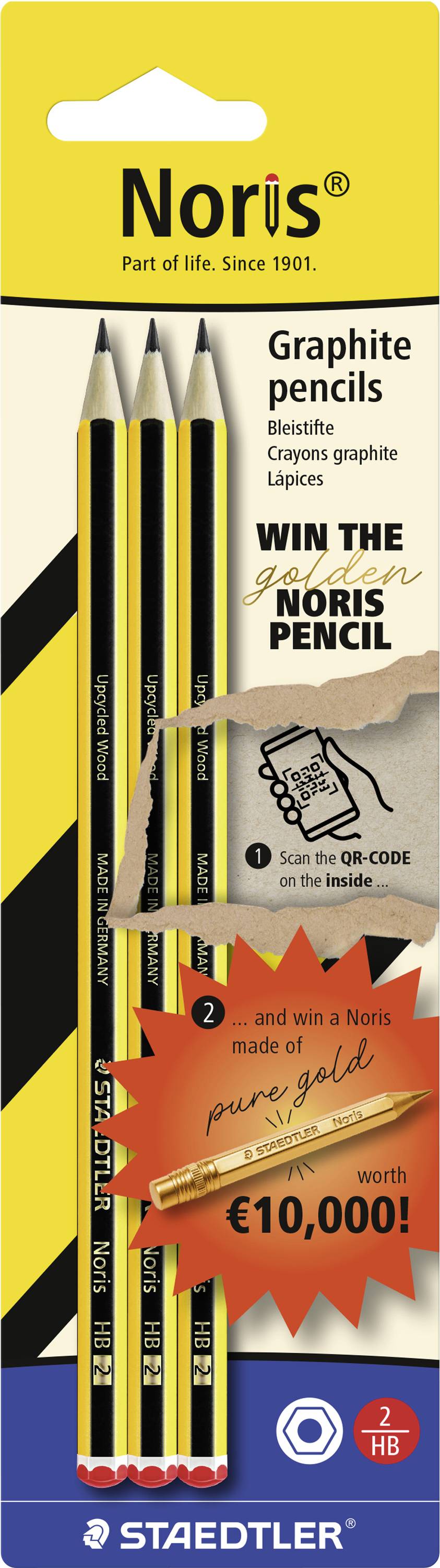 Werbeplakat für Noris Graphitstift von STAEDTLER mit Bleistiften und einer Hand beim Zeichnen, mit dem Text „Gewinnen Sie den goldenen Noris Bleistift" und einem Preis von „10.000 EUR".