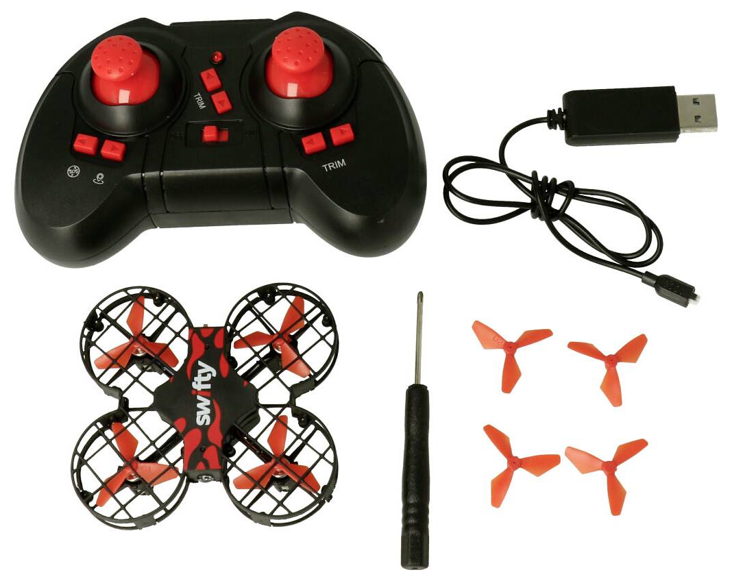 Mini-Drohnenset mit Fernsteuerung, USB-Ladegerät, Schraubendreher und vier Ersatzpropeller.