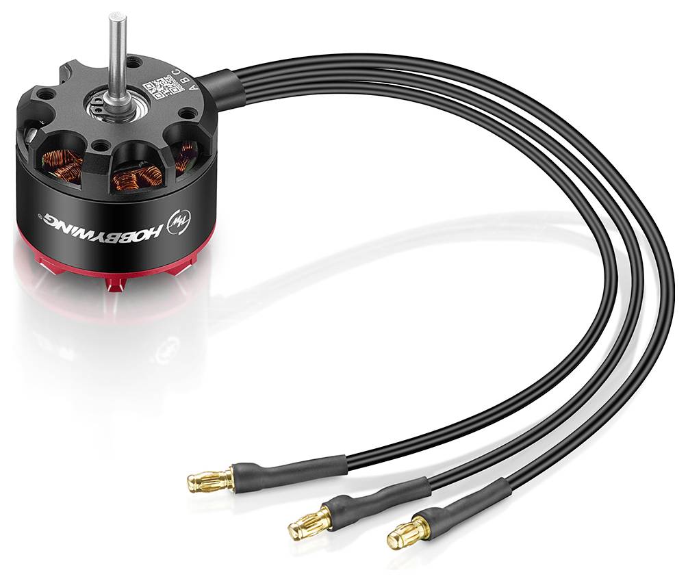 Bürstenloser Motor mit drei schwarzen Stromkabeln und Goldkonnektoren, gezeigt auf weißem Hintergrund.