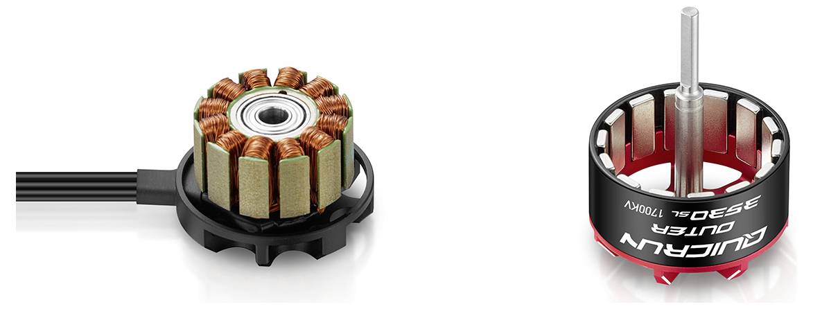 Zwei Ansichten eines bürstenlosen Elektromotors: ein Stator mit Kupferwicklungen und eine Rotorkappe mit einer Mittelwelle.