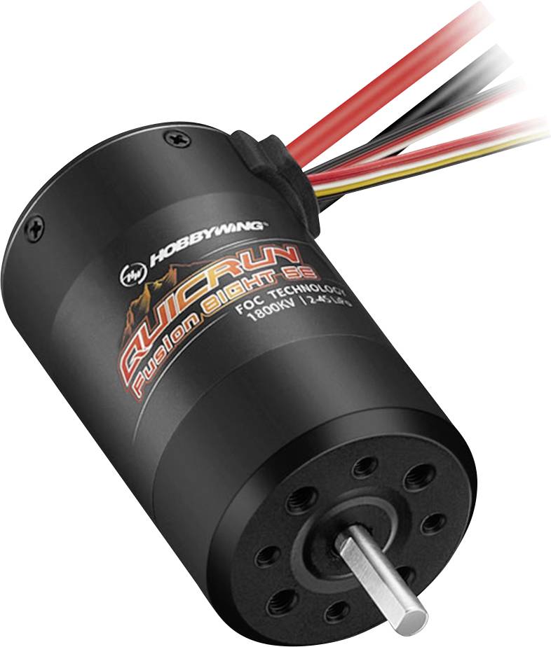 Schwarzer zylindrischer Elektromotor mit freiliegenden Drähten und einer silbernen Welle, dargestellt auf weißem Hintergrund.
