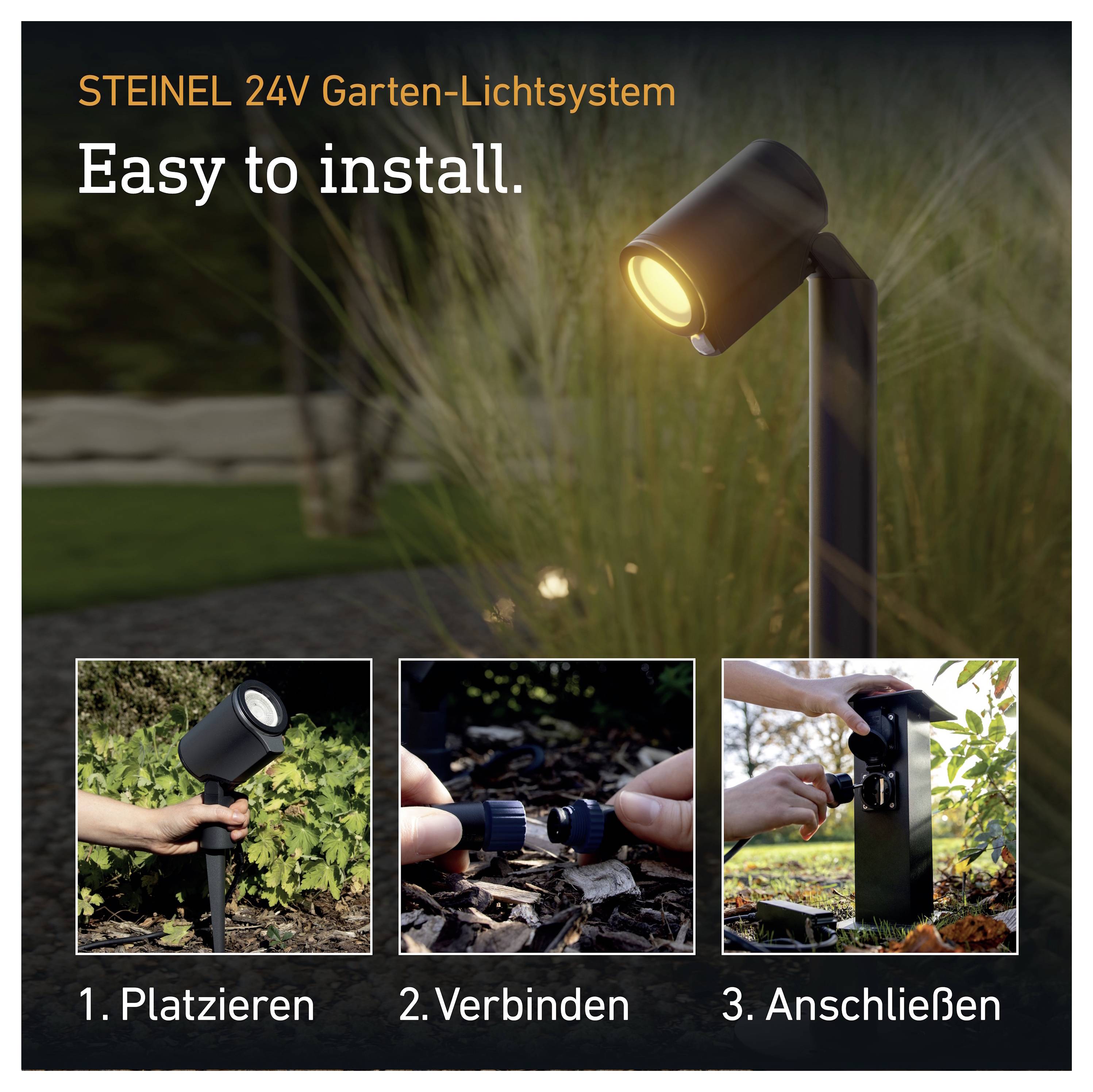 STEINEL 24V Gartenlichtsystem mit einfacher Installation: Leuchte aufstellen, verbinden und einstecken.