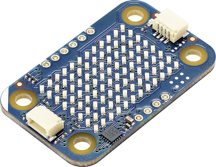 Blau leuchtende LED-Matrix-Sensorplatine mit dichtem Gitter aus winzigen LEDs, vier Befestigungslöchern und zwei weißen Steckverbindern auf einer Leiterplatte.