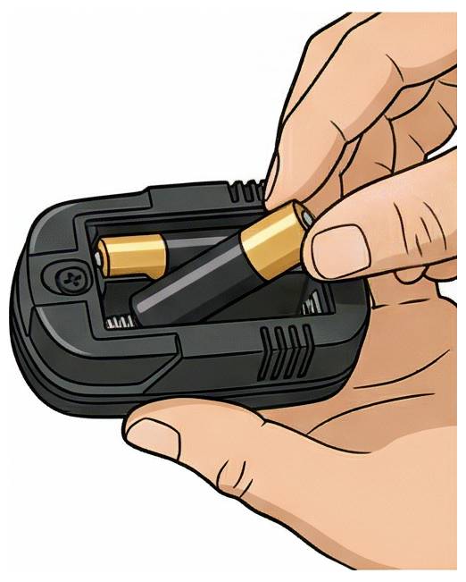 Eine Hand legt eine AA-Batterie in ein kleines schwarzes Batteriefach oder einen kleinen schwarzen Batterieladegerät.