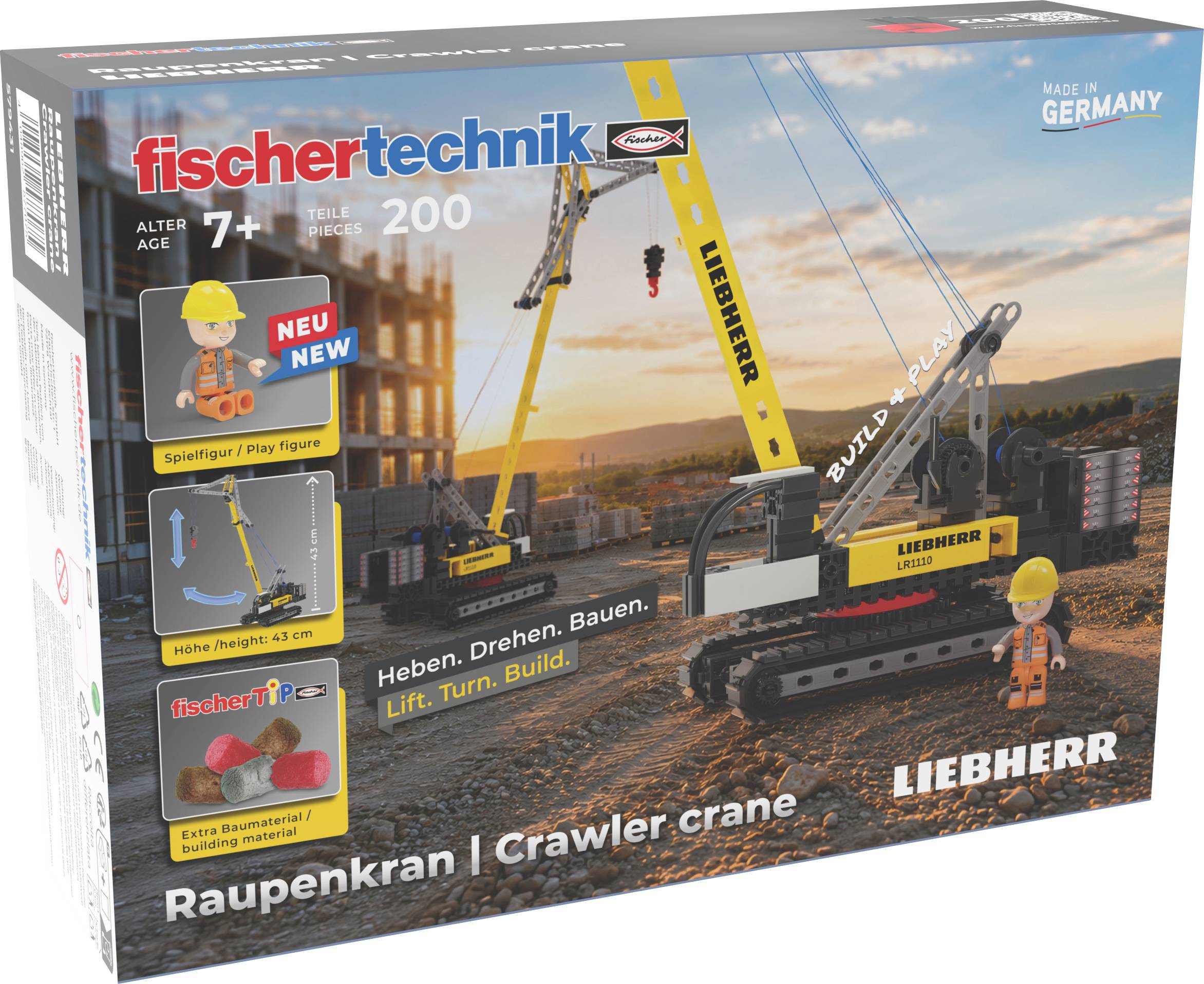 Kasten des fischertechnik 'Raupenkran' Raupenkettenkaranensets, ab 7 Jahren, 200 Teile, mit Liebherr-Branding und Spielfigur auf der Verpackung abgebildet.
